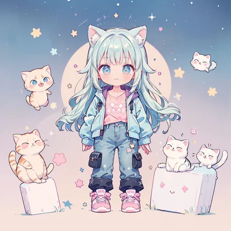 ((Highest quality，masterpiece，Extremely complex and exquisite details，A short girl with gray and blue cat ears and long hair is ...