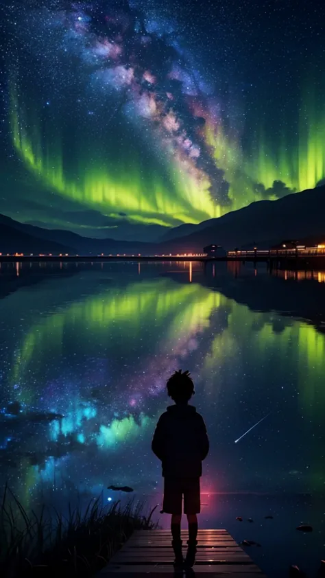 a silhouette of boy sitting in the pier next to a lake, in the distance, from behind, no face shown, looking at the vast sky, cl...