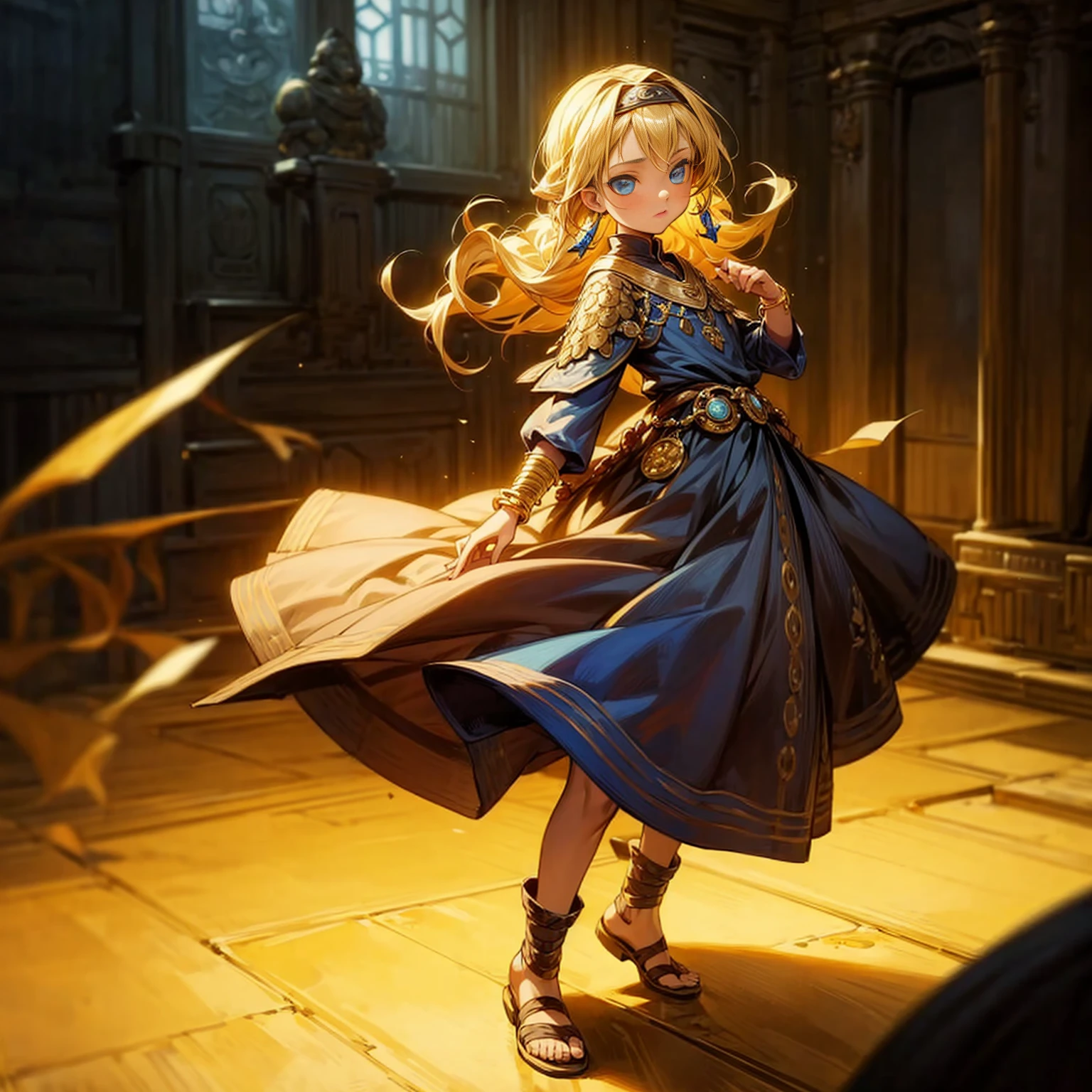 1childern girl, Full body version, 1character, children version, blue eyes color, long Curly haircut, blonde colour hair, Gold earrings, gold bracelets, medieval style clothing, Grassroots, background in indoor bar, motion blur, (Naruto style)