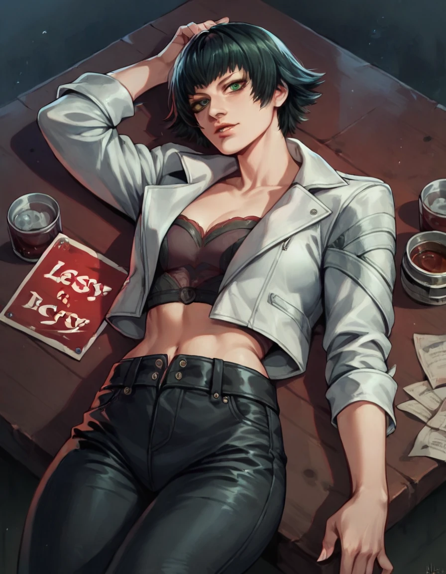 (best quality:1.2), lady (from devil may cry 5:1.1), perfect face, white jacket, black pants, green eyes, lying on the table, in a dark agency background, devil may cry red sign , night, alone, dark wall
