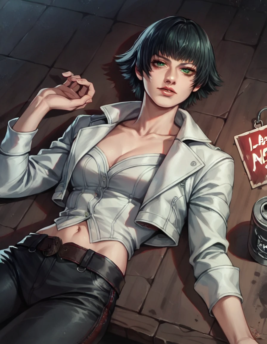 (best quality:1.2), lady (from devil may cry 5:1.1), perfect face, white jacket, black pants, green eyes, lying on the table, in a dark agency background, devil may cry red sign , night, alone, dark wall
