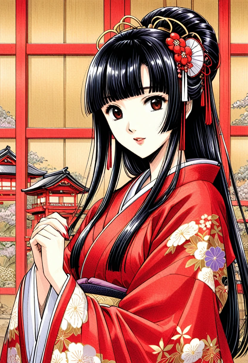 Una bella princesa japonesa del período Sengoku con una túnica roja bordada sobre su traje de doncella japonesa del santuario.　Peinado de geisha con cabello negro.