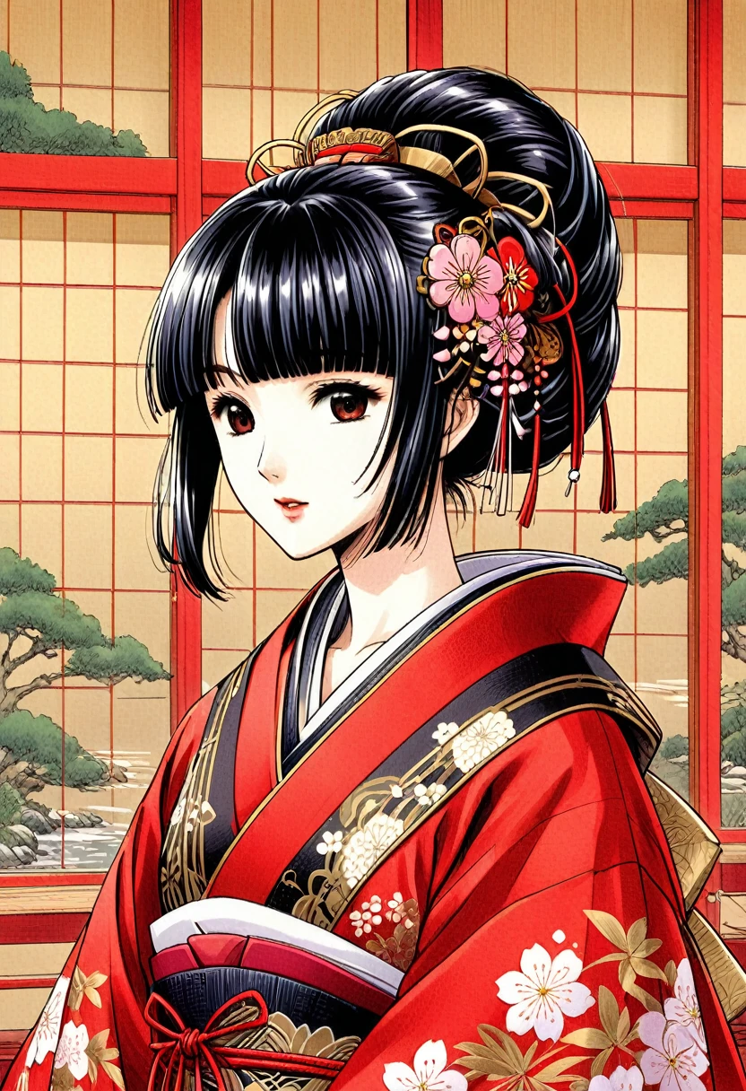 Eine wunderschöne japanische Prinzessin aus der Sengoku-Zeit, die über ihrem japanischen Schreinjungfrauen-Outfit ein besticktes rotes Gewand trägt　Geisha-Frisur mit schwarzen Haaren