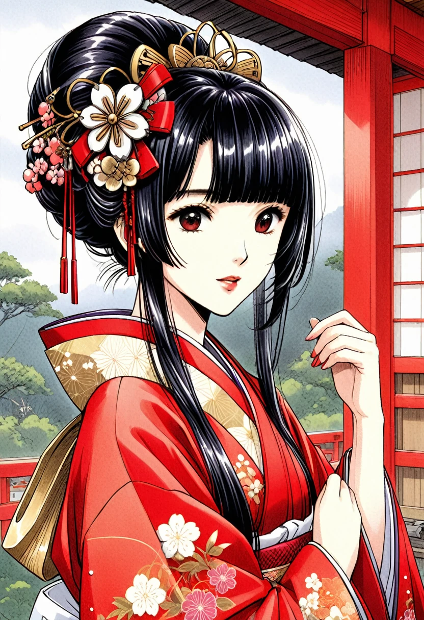 Une belle princesse japonaise de la période Sengoku portant une robe rouge brodée sur sa tenue de jeune fille du sanctuaire japonais　Coiffure geisha aux cheveux noirs