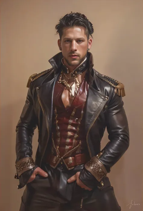 Roman Todd, mohawk, facial hair, huge muscles, shiny leather, diamond earrings, huge crotch bulge