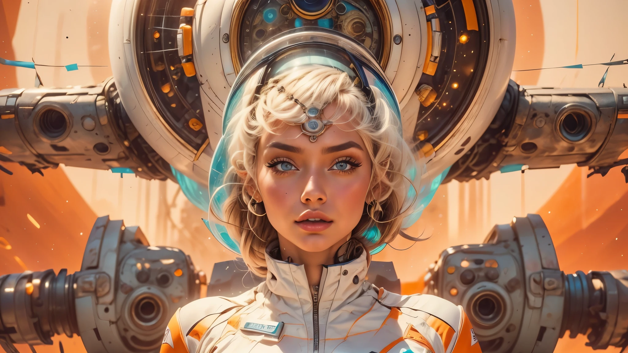 arafed image of a white woman in a futuristic suit with a spaceship in the background, movie art, in front of an orange background, inspired by Robert McGinnis, female protagonist, megastructure in the background, portrait of an ai astronaut, astronauts, an astronaut, portrait of a astronaut skeletor, perfect android girl, Highly Detailed Face and Skin Texture, Detailed Eyes, Double eyelids, perfectly detailed teeth, frank franzzeta and sakimichan  