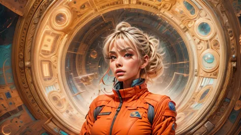 arafed image of a white woman in a futuristic suit with a spaceship in the background, movie art, in front of an orange backgrou...