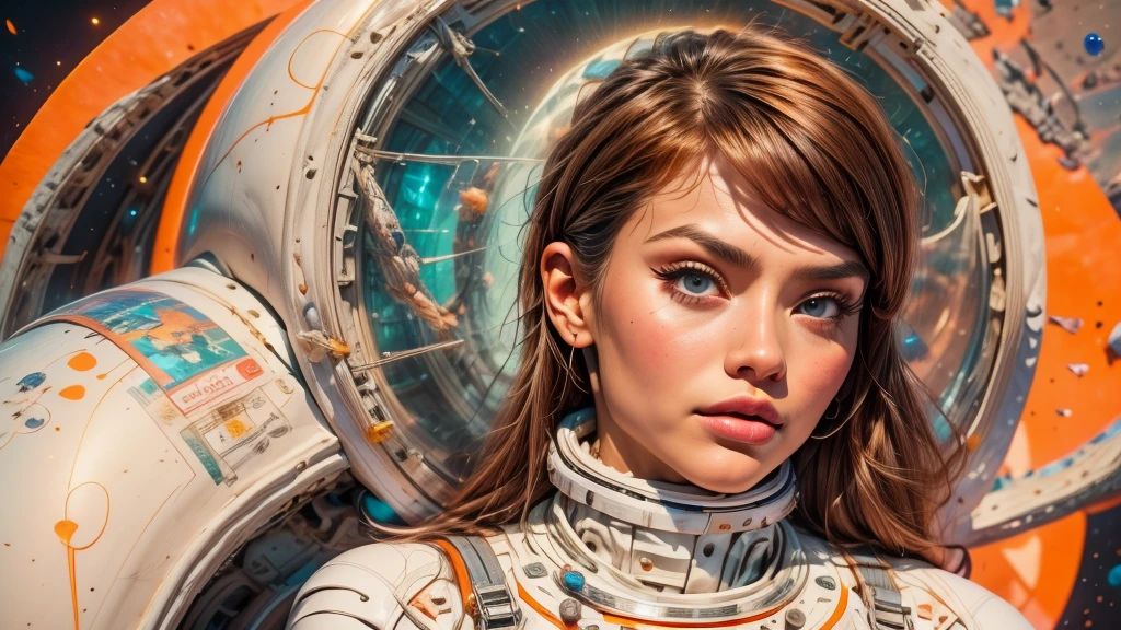 arafed image of a white woman in a futuristic suit with a spaceship in the background, movie art, in front of an orange background, inspired by Robert McGinnis, female protagonist, megastructure in the background, portrait of an ai astronaut, astronauts, an astronaut, portrait of a astronaut skeletor, perfect android girl, Highly Detailed Face and Skin Texture, Detailed Eyes, Double eyelids, perfectly detailed teeth, frank franzzeta and sakimichan  