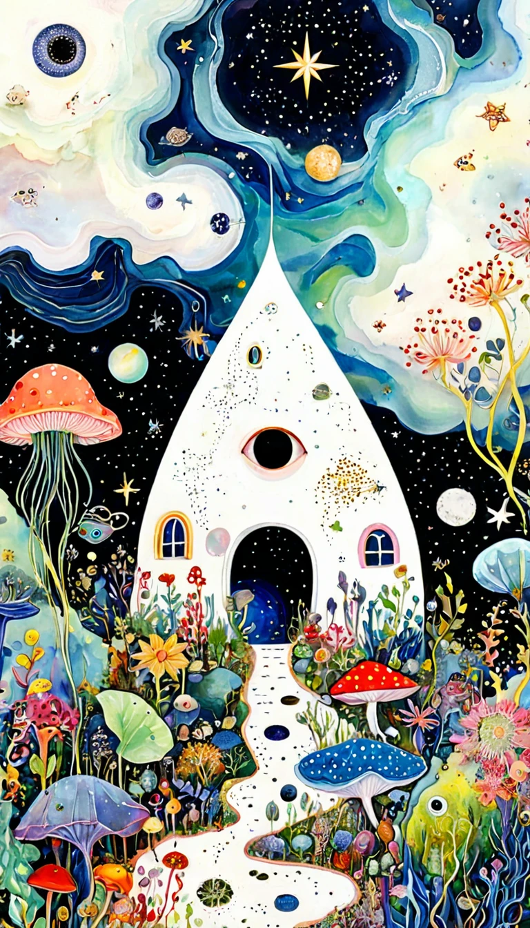 巴德小屋，微生物、植物、海洋生物、眼睛、星空，拼接抽象画，描述自闭症患者的内心世界，空间感，白色空间，有趣的，纯真，迷幻艺术