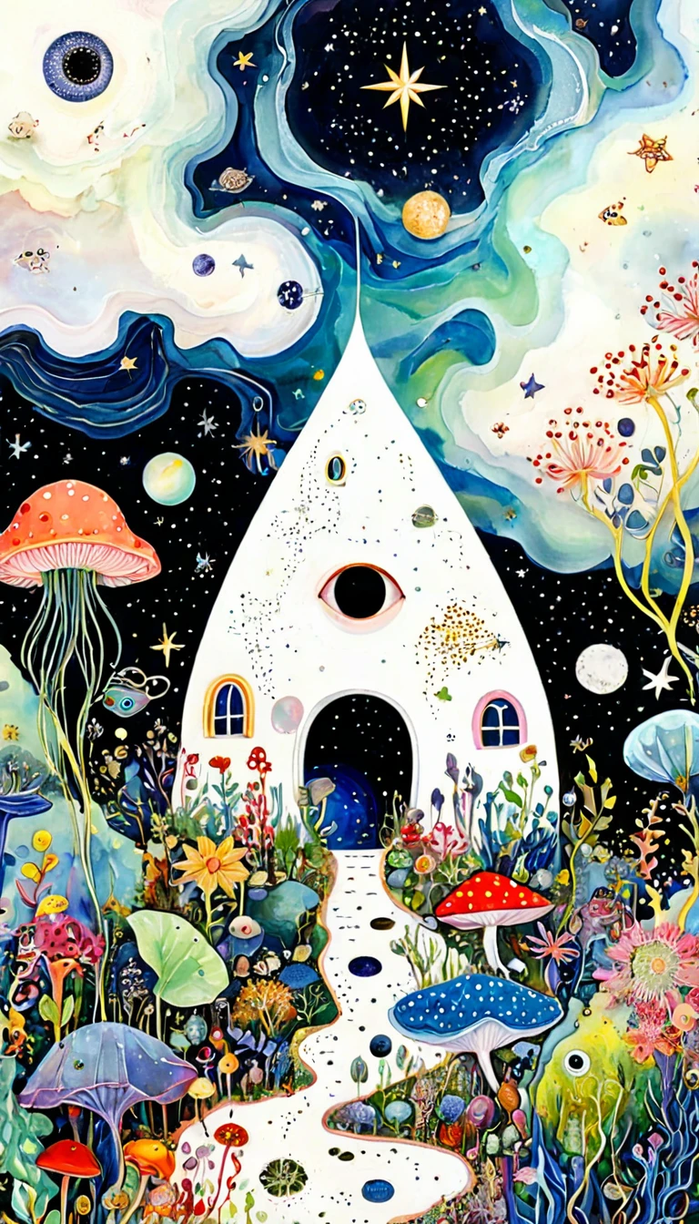 Cabaña Bud，microorganism、plant、vida marina、ojo、cielo estrellado，Cosiendo una pintura abstracta，Describir el mundo interior de las personas autistas.，Sentido de espacio，espacio en blanco，interesante，inocencia，arte psicodélico