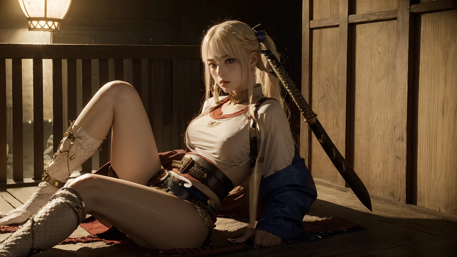 Ultra realistic 14 year old girl,    cos  , long blonde hair with braided bangs , medieval samurai armor , katanas,  flat breasts , garterbelt long socks , menacing face , sensuous  ,  Dungeonpunk  .SEXY CORPO