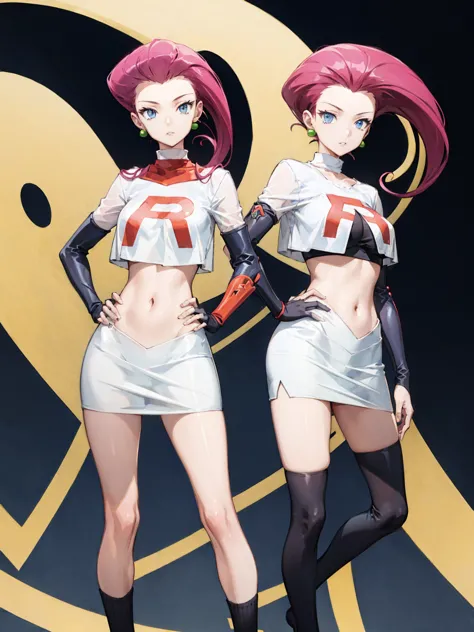 Jessie Pokemon, jewelry, Official Art,(Team Rocket:1.3, Black arm guard, Black knee-high socks, White Skirt, white crop shirt) ,...