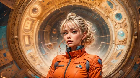 arafed image of a white woman in a futuristic suit with a spaceship in the background, movie art, in front of an orange backgrou...