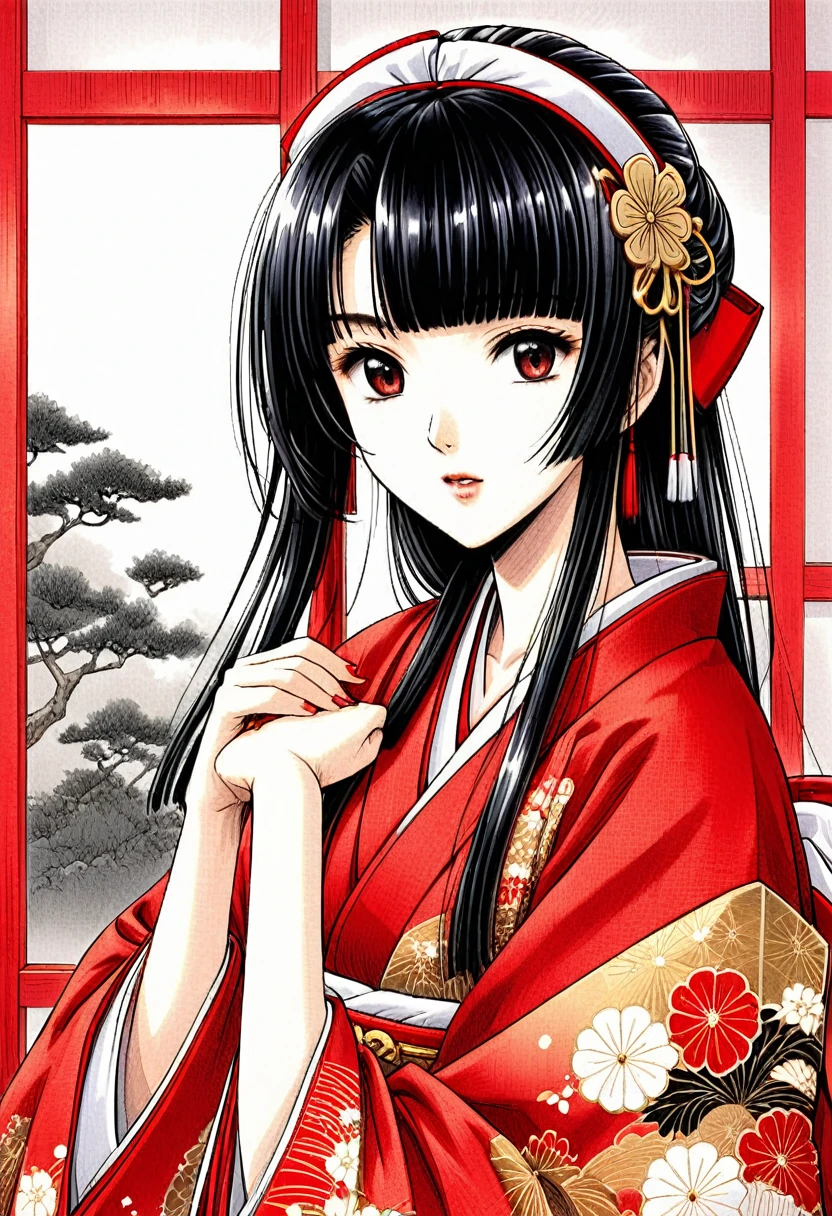 เจ้าหญิงญี่ปุ่นแสนสวยจากสมัยเซ็นโงกุ สวมเสื้อคลุมสีแดงปัก ทับชุดหญิงสาวศาลเจ้าญี่ปุ่นสีขาว　ทรงผมเกอิชาแบบดั้งเดิมสำหรับผมสีดำ