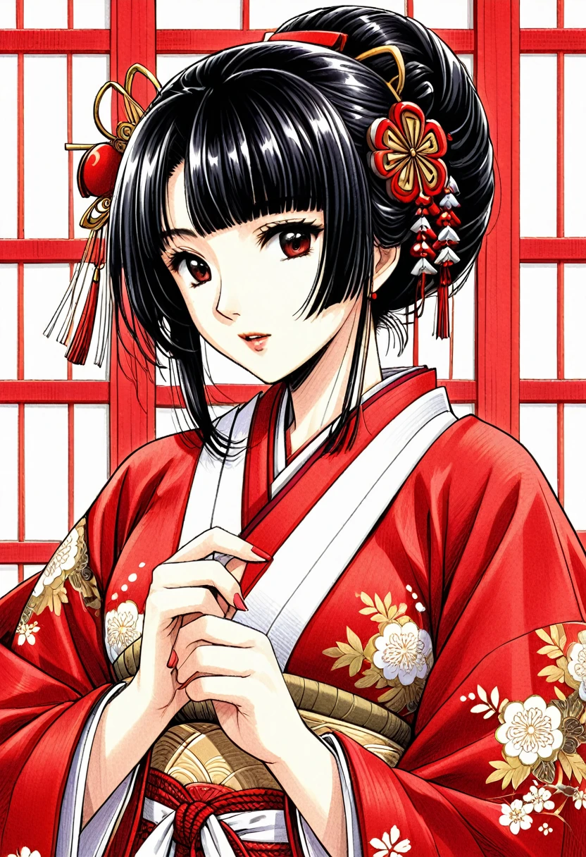 Uma linda princesa japonesa do período Sengoku vestindo um manto vermelho bordado sobre uma roupa branca de sacerdotisa japonesa　Penteado tradicional de gueixa para cabelo preto