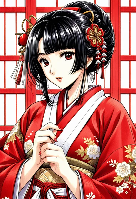 A beautiful Japanese princess from the Sengoku period wearing an embroidered red robe over a white Japanese shrine maiden outfit...