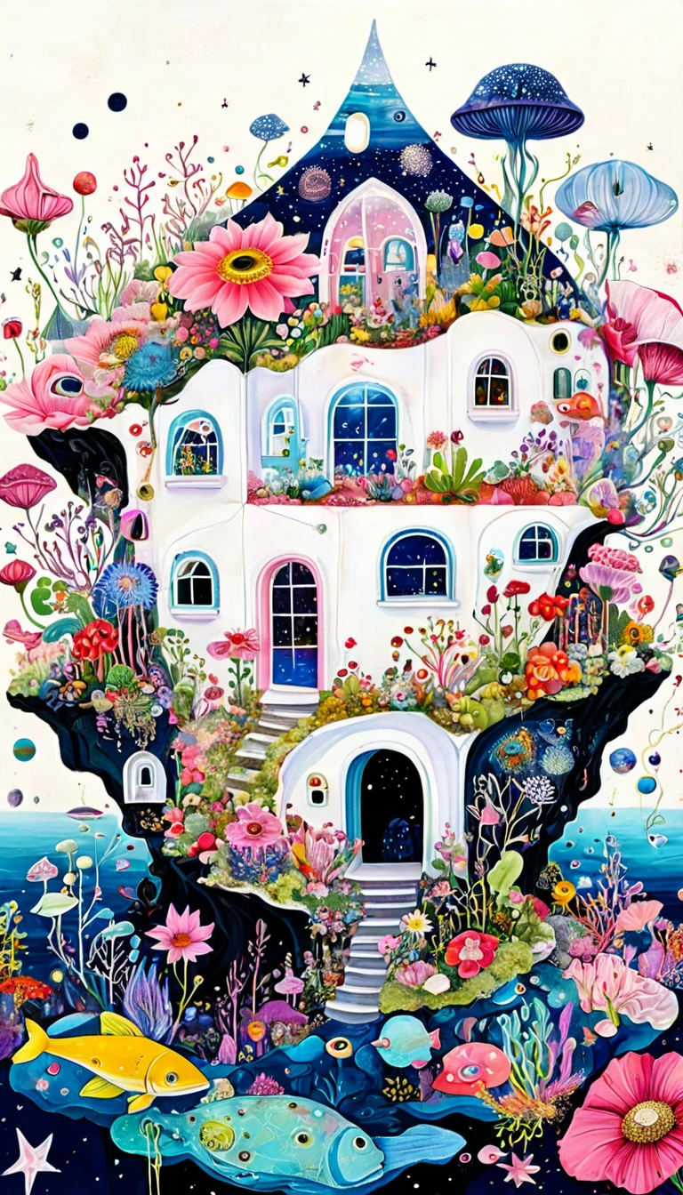 粉红花屋，微生物、植物、海洋生物、眼睛、星空，拼接抽象画，描述自闭症患者的内心世界，空间感，白色空间，有趣的，纯真，迷幻艺术