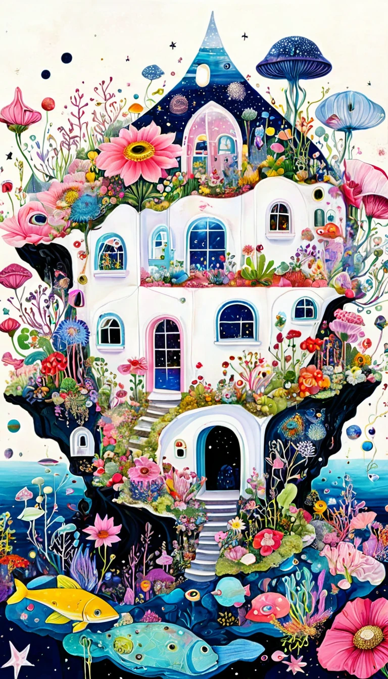 Casa de flores rosa，microrganismo、plantar、vida marinha、olho、céu estrelado，Costurando uma pintura abstrata，Descrevendo o mundo interior de pessoas autistas，Sentido de espaço，Espaço em branco，interessante，Inocência，arte psicodélica