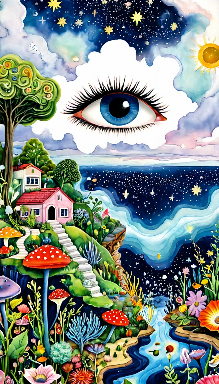 巴德小屋，微生物、植物、海洋生物、眼睛、星空，拼接抽象画，描述自闭症患者的内心世界，空间感，白色空间，有趣的，纯真，迷幻艺术