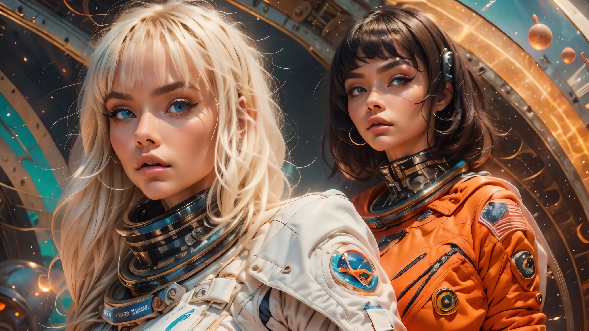 arafed image of a white woman in a futuristic suit with a spaceship in the background, movie art, in front of an orange background, inspired by Robert McGinnis, female protagonist, megastructure in the background, portrait of an ai astronaut, astronauts, an astronaut, portrait of a astronaut skeletor, perfect android girl, Highly Detailed Face and Skin Texture, Detailed Eyes, Double eyelids, perfectly detailed teeth, frank franzzeta and sakimichan  