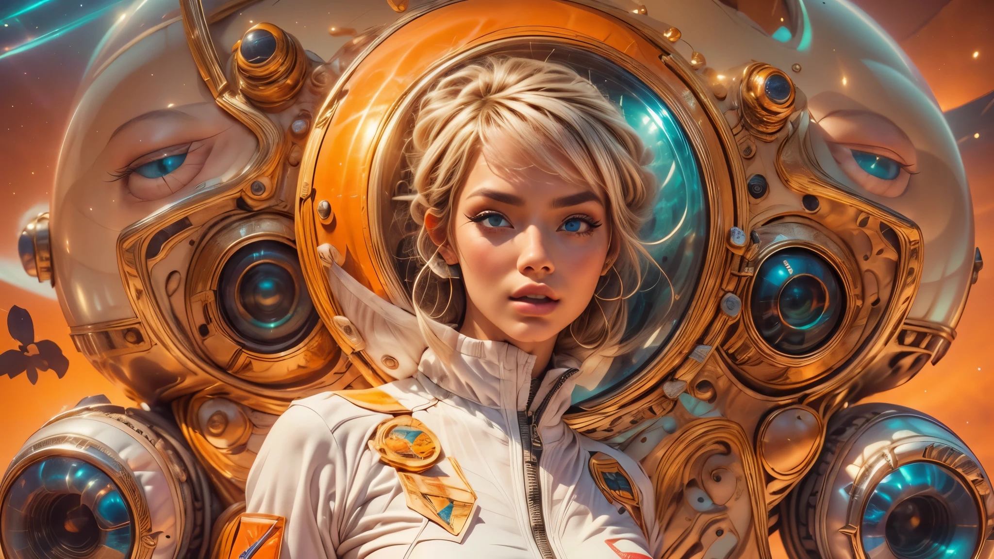 arafed image of a white woman in a futuristic suit with a spaceship in the background, movie art, in front of an orange background, inspired by Robert McGinnis, female protagonist, megastructure in the background, portrait of an ai astronaut, astronauts, an astronaut, portrait of a astronaut skeletor, perfect android girl, Highly Detailed Face and Skin Texture, Detailed Eyes, Double eyelids, perfectly detailed teeth, frank franzzeta and sakimichan  