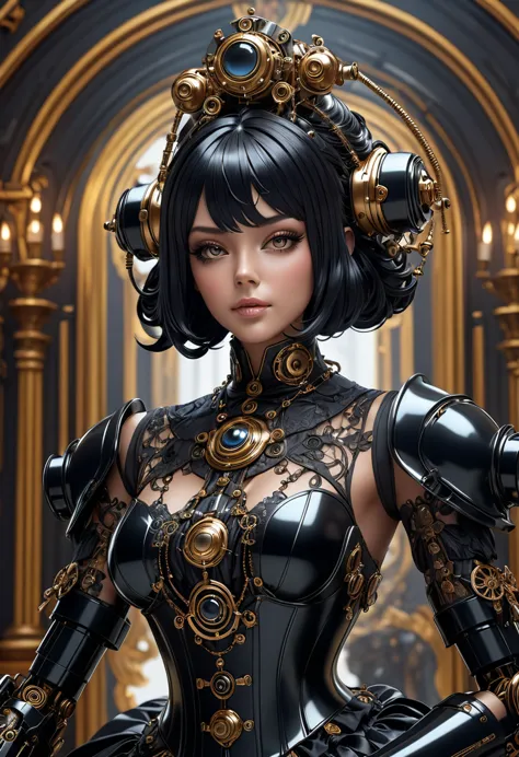 A steam punk style obsidian robot with a human like obsidian face. female figure. Wearing wig of spun obsidian. Ultra HD, Rococo...