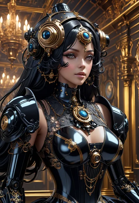 A steam punk style obsidian robot with a human like obsidian face. female figure. Wearing wig of spun obsidian. Ultra HD, Rococo...