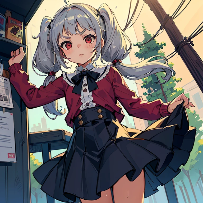 Young girl with grey hair, ((fringed and curly hair)),((curly short twintail)), curly hair ,(red eyes),, ((small bushy eyebrows)), wearing gothic lolita clothing, lolicon , walking to school, bored look, bored face, , lifting her skirt to show her vagina wet with semen, having sex
