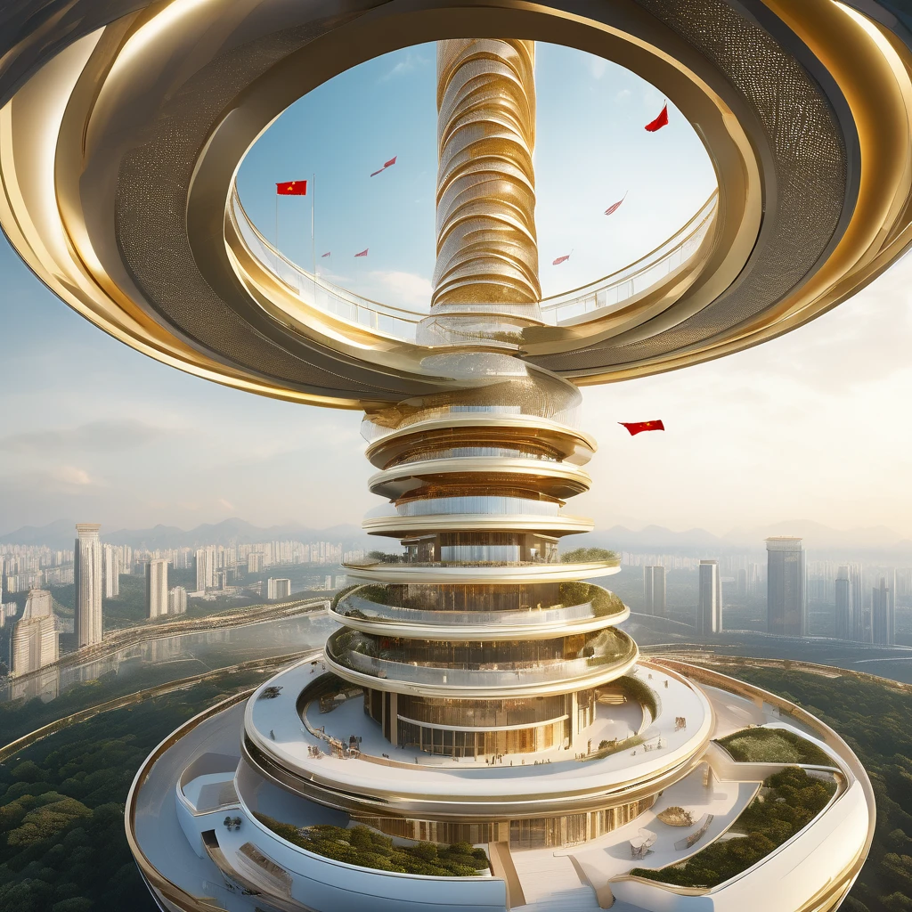 a building, futuristic circular conical design with 5 floors crescent like a staircase, pure glass, gold, and diamond, at the top a Chinese flag flagpole and fluttered mast, panorama view from the air
