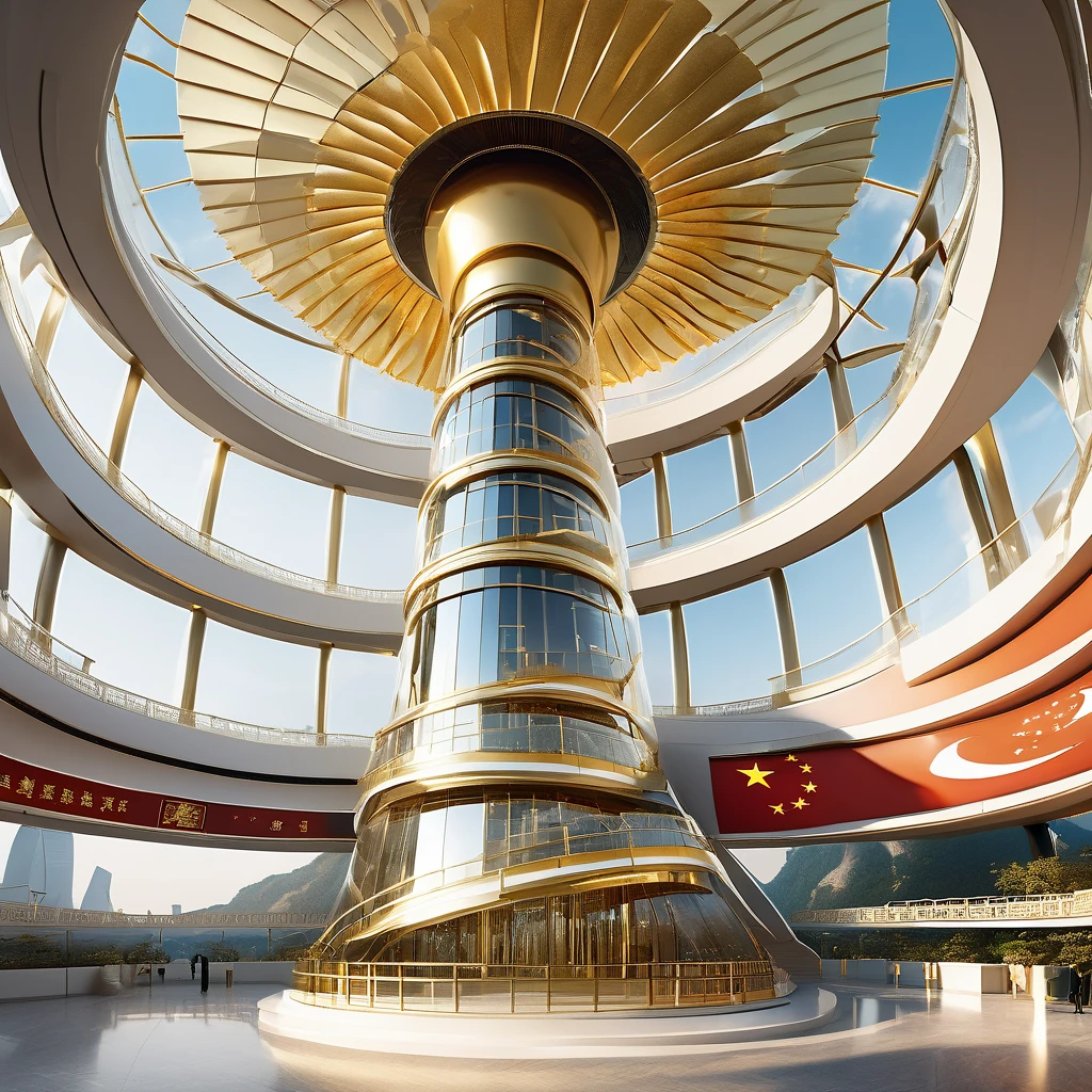 a building, futuristic circular conical design with 5 floors crescent like a staircase, pure glass, gold, and diamond, at the top a Chinese flag flagpole and fluttered mast, panorama view from the air
