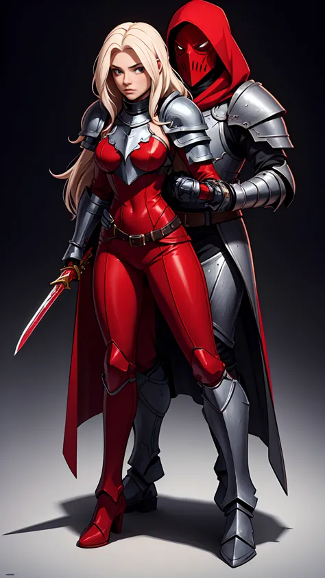 ((full body photo))) 1 cuffed behind
a girl albino knight with long hair wearing heavy armor with a red hood carrying long sword...