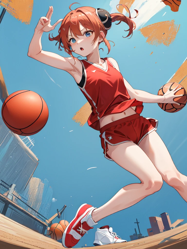 masterpiece, best quality, highres, kgr1, double bun, bun cover, small breasts, Basketball player, Sportswear, Red tank top, Red short, Sneakers, Basketball, Basketball hop, looking at the viewers, 