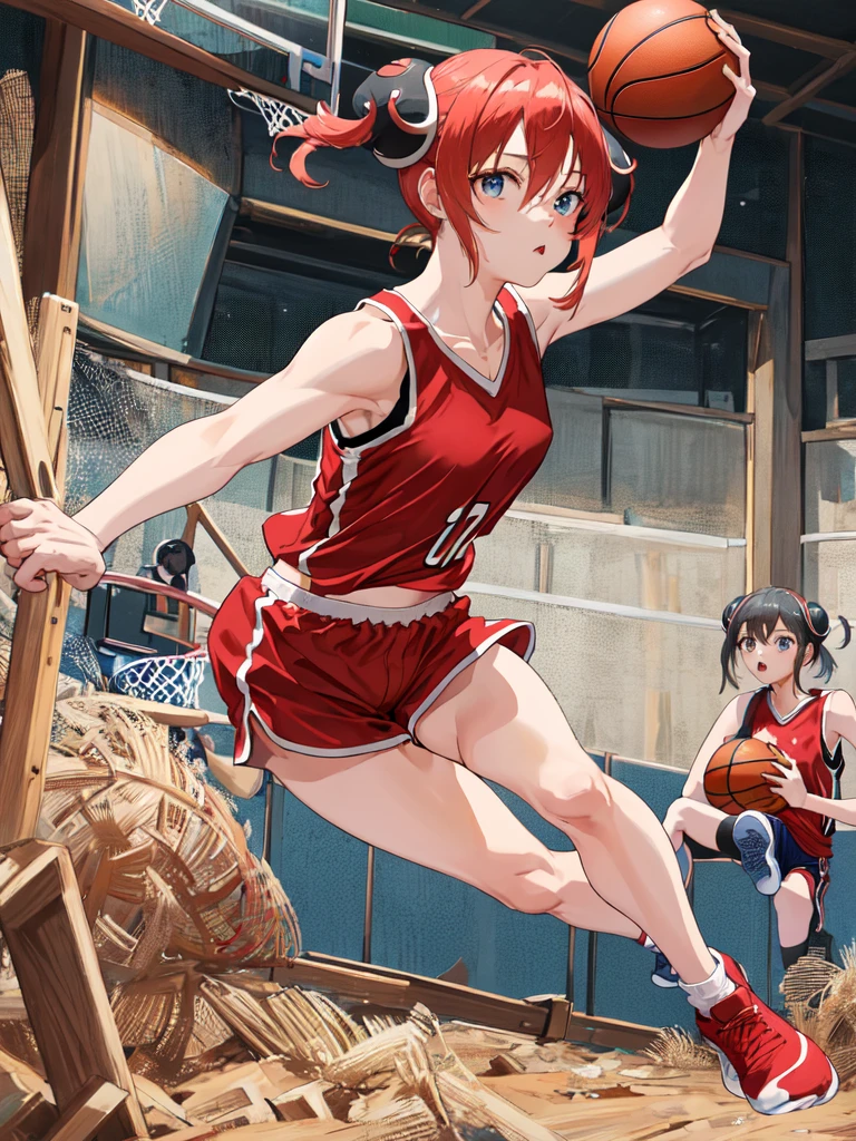 masterpiece, best quality, highres, kgr1, double bun, bun cover, small breasts, Basketball player, Sportswear, Red tank top, Red short, Sneakers, Basketball, Basketball hop, looking at the viewers, 