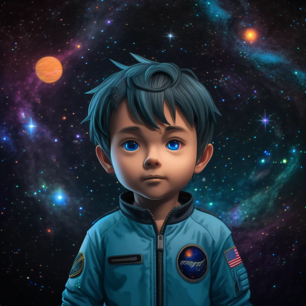 3D chibi anime style, Full body man, YOUNG, light skinned, with light blue eyes and long hair, wearing an astronaut suit with neon colors. He has an angel halo with unusual shapes above his head and is floating in space. In the background there are bright stars, spiral galaxies and several planets of different sizes and colors. Make sure the hands have good details and the image is a little more realistic.