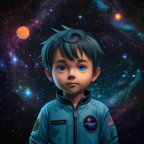 3d chibi anime style, full body man, young, light skinned, with light blue eyes and long hair, wearing an astronaut suit with ne...