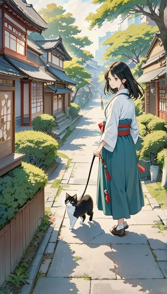 Long Shot、The subject is small、Three-haired cat、Cats only、Three-haired cat strolling around as if it owns the place、Three-haired cat walking on the promenade、Old Japan cityscape、Plant-lined path、Different world、Create silence、