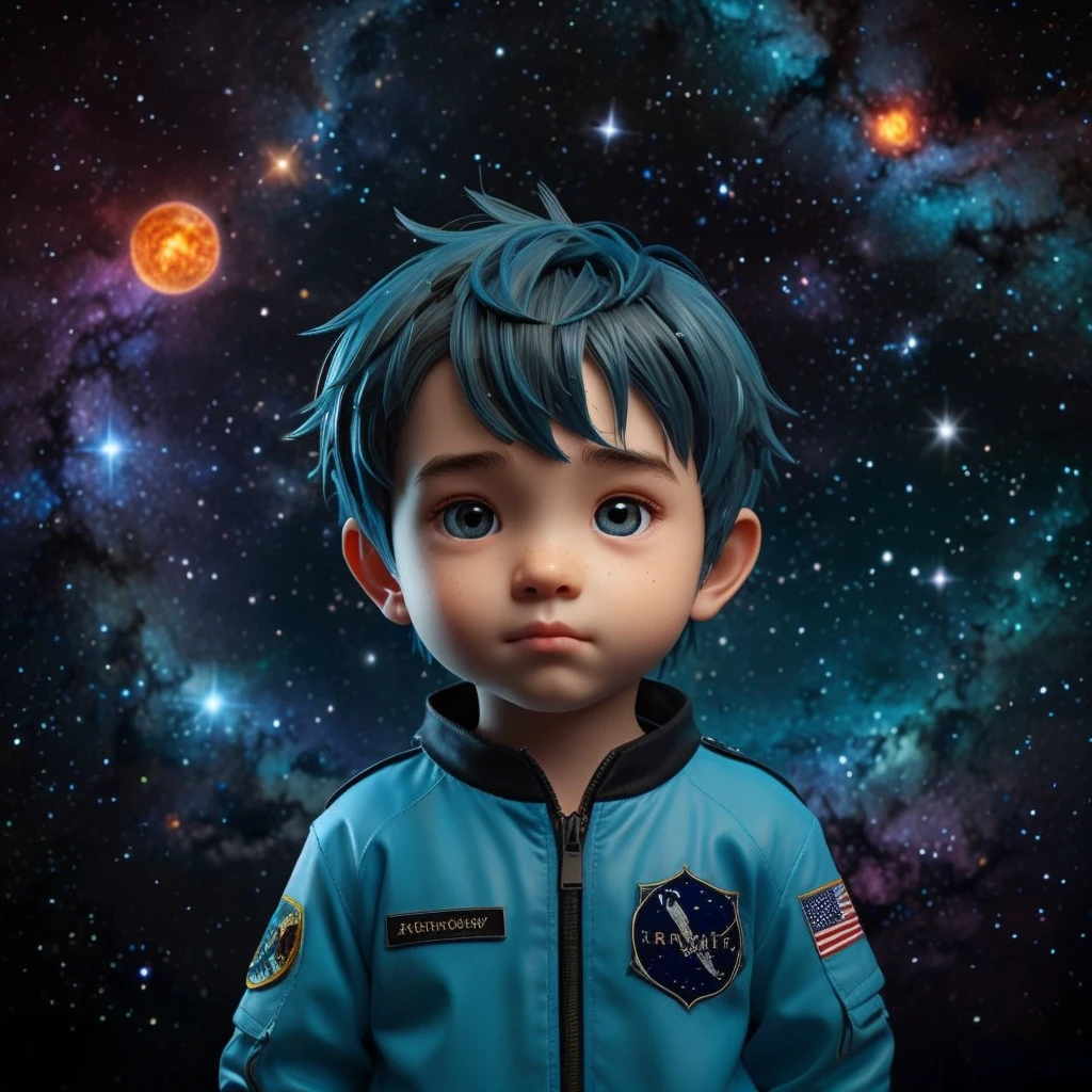 3D chibi anime style, Full body man, YOUNG, light skinned, with light blue eyes and long hair, wearing an astronaut suit with neon colors. He has an angel halo with unusual shapes above his head and is floating in space. In the background there are bright stars, spiral galaxies and several planets of different sizes and colors. Make sure the hands have good details and the image is a little more realistic.