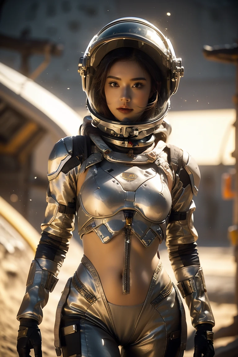 hermosa mujer joven, Traje espacial con vientre expuesto,El casco es muy detallado.,((parte superior del bikini)),((traje espacial bikini de metal)), Vientre sexy expuesto, armadura de metal completa, Abdomen y cintura expuestos, vientre abierto, El abdomen queda completamente expuesto., tiroteo vaquero, actual, photoactual, alta calidad, 8K, Muy detallado, obra maestra, poses dinámicas, iluminación dramática, cinematográfico, ciencia ficción, Futuristic, Colores brillantes