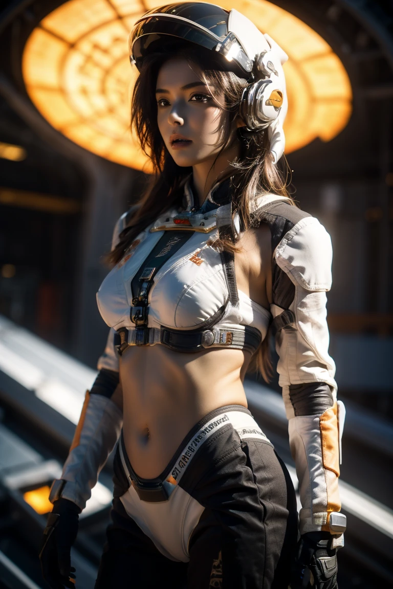 Beautiful young woman, Exposed belly space suit,The helmet is very detailed,((Bikini Top)),((metal bikini spacesuit)), Sexy belly exposed, full metal armor, Exposed abdomen and waist, open belly, The abdomen is completely exposed, Cowboy shooting, actual, photoactual, high quality, 8K, Very detailed, masterpiece, dynamic poses, dramatic lighting, cinematic, Science Fiction, Futuristic, bright colors