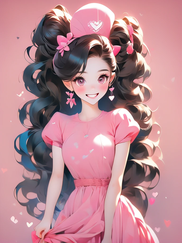 ((masterpiece,best quality)), absurdres,
smile, looking at viewer,
Hu_Tao_Genshin, 1girl, very long hair, brown hair, red eyes, brown eyes, flower-shaped pupils, twintails, hu tao \(genshin impact\), hat,
pink theme, head tilt, 
blush, box, closed mouth, commentary request, creatures (company), dress, earrings, eyelashes, game freak, gift, gift box,  holding gift, jewelry, nintendo, pink dress, red shirt, shirt, short sleeves, waist apron, wrist cuffs, heart, grin, simple background, pink background, hearts background,