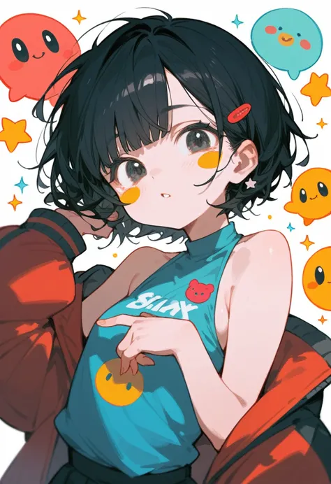 girl, short black hair, stickers