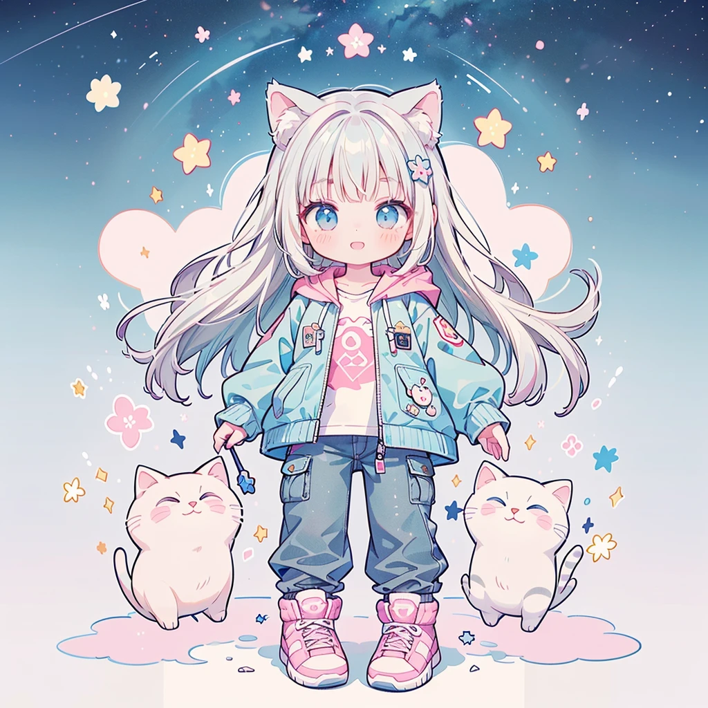 ((Highest quality，masterpiece，Extremely complex and exquisite details，A short girl with gray and blue cat ears and long hair is in the center，Gray blue super long straight hair，Curly hair at the ends，Sparse air bangs，Gray and pink T-shirt with xJ lettering，Denim hooded cropped jacket，Black and gray long cargo pants))，(pink and white sneakers，Smile slightly，Surrounded by tons of cute short-legged cats，Correct anatomy)，Super Q super cute short full body portrait，Starry sky background vertical painting space scene