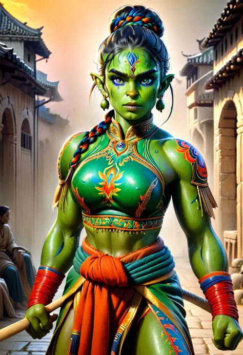 (a beautiful orc woman warrior with green skin, tusks, 6 pack abs, toned muscles, long single braid with bun, east indian clothi...