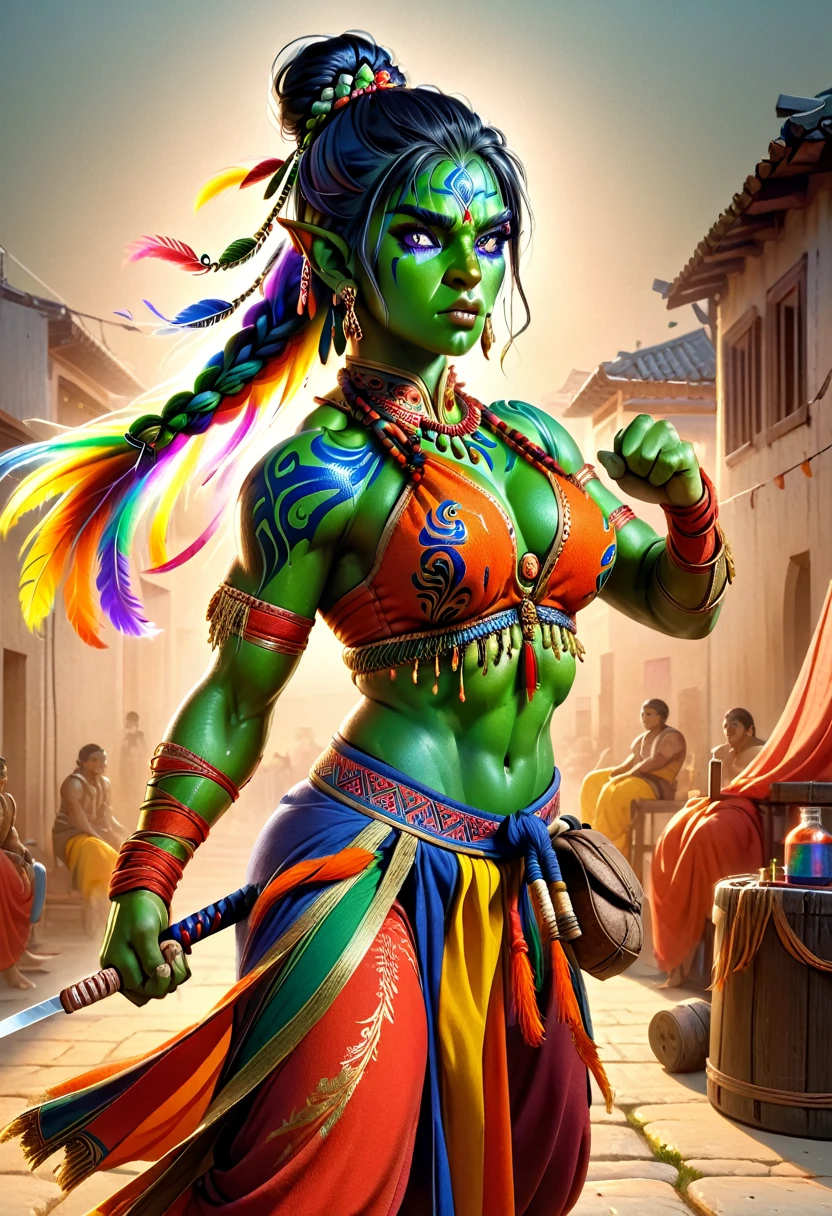 (une belle guerrière orc à la peau verte, défenses, 6 paquets d&#39;abdos, muscles toniques, longue tresse simple avec chignon, vêtements des Indes orientales, peinture corporelle colorée, expression féroce, peau parfaite, Spectaculaire martial artist pose, position de boxe, enveloppements de poing, Prise de vue complète du corps, photorealistic chef-d&#39;œuvre painting, style de séance photo modèle, rendu d&#39;octane CG extrêmement détaillé, 8k, netteté, Détails élevés, complexe, Spectaculaire, Couleurs vives, Meilleure qualité, chef-d&#39;œuvre:1.2)