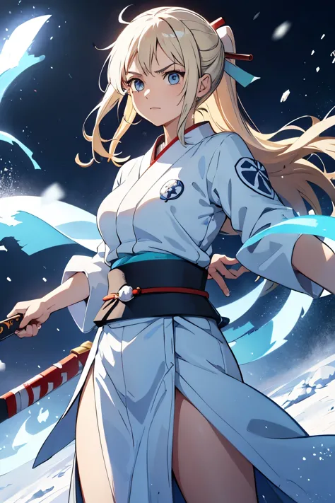 1 women, look alike of okita souji, long blonde hair, blue eyes, carries a sword, using her snow elemental powers, she has a whi...