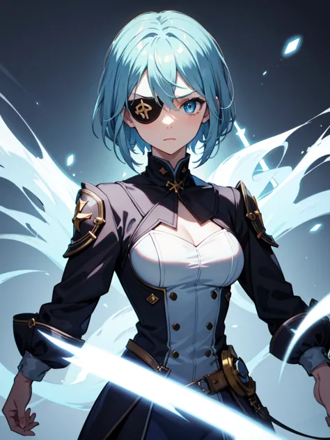 1 girl, light blue hair, white hair, sharp eyes, light blue eyes, bow, serious look, masterpiece, high quality, fantasy eyepatch...