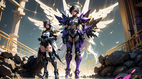 full body woman as an archangel, with black purple cyberdroid, mecha-armor, wearing a short blusher veil, messy hairdo, golden m...