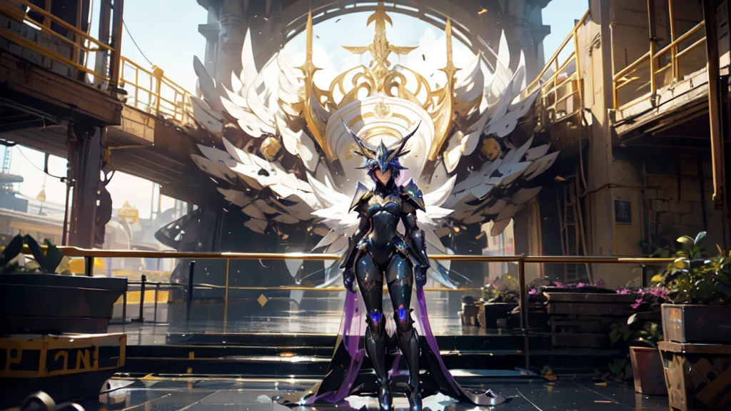 full body woman as an archangel, with black purple cyberdroid, mecha-armor, wearing a short blusher veil, messy hairdo, golden mecha-halo on top of the head, heavy Arch angel mecha-wings, visible face, big chest, bikini armor