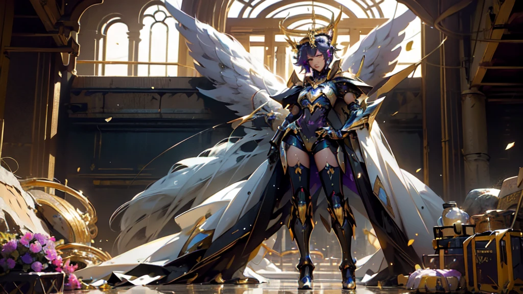 Mujer de cuerpo entero como arcángel, con ciberdroide negro morado, armadura mecha, Llevaba un velo corto colorete., peinado desordenado, Mecha-halo dorado en la parte superior de la cabeza, Alas mecánicas pesadas de arcángel, visible face, pecho grande, armadura de bikini