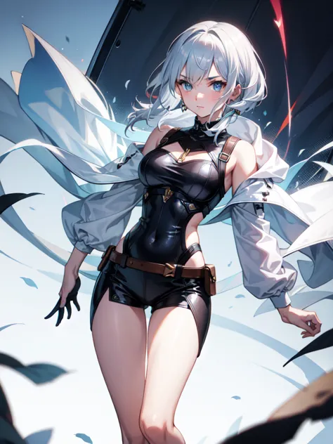 1 girl, white hair, sharp eyes, light blue eyes, bow, serious look, masterpiece, high quality, short hair, whit combat clothes